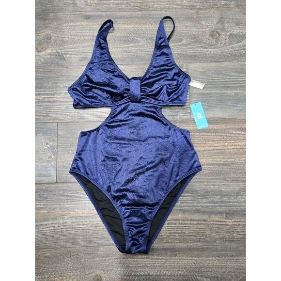 NWT Cupshe Women's Cutout Floral Blue Tonal Velvet One Piece Swimsuit Large - Picture 5 of 10